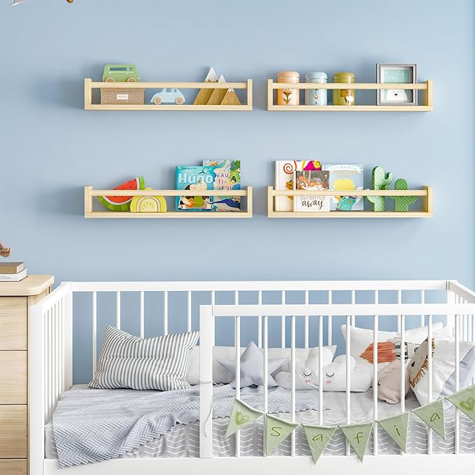 Fixwal Nursery Book Shelves, 23.6 Inch Floating Bookshelves for Wall Set of 4, Baby Nursery & Playroom Decor, Solid Wood Wall Mounted Shelves for Books and Toys Storage (Natural Wood)