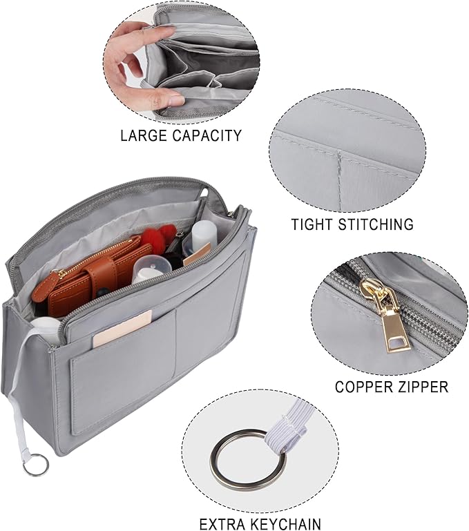 Vercord Purse Organizer Insert with Zipper for Women Hobo Handbags Shaper Insert 12 Pockets Bag Grey X Large