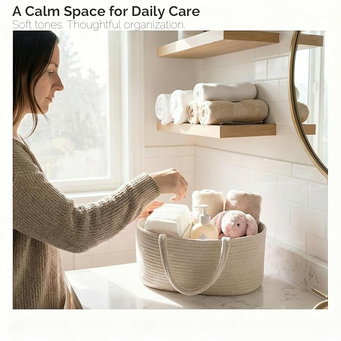 luxury little Diaper Caddy Organizer, Large Cotton Rope Nursery Baby Basket, Changing Table Organizer for Baby Diaper Storage, Portable Car Organizer Removable Divider (Oatmeal, Large)