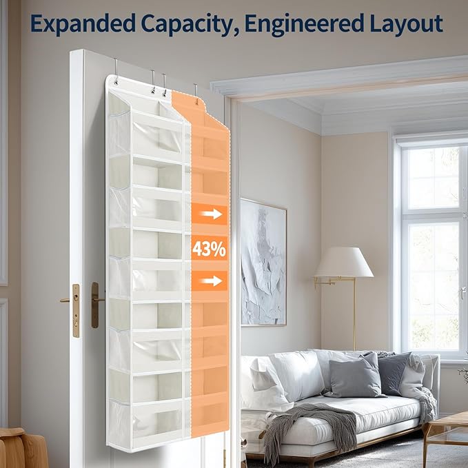 Yecaye 5-Tier Over The Door Organizer Dual-Column, 80lbs Load Extra Large Over The Door Storage of 10 Compartments, Heavy Duty Door Organizer Hanging for Closet Dorm Bathroom Pantry, Cream White