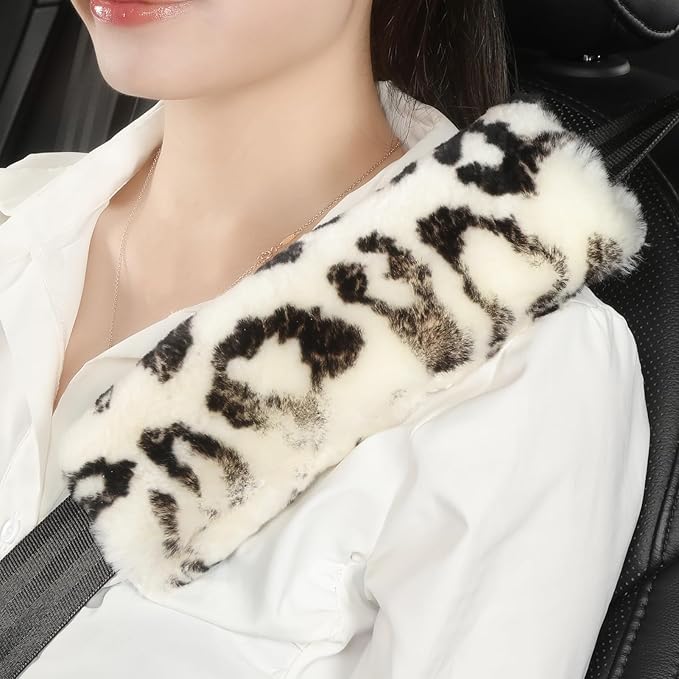Fluffy Fuzzy Genuine Sheepskin Car Seat Belt Covers for Soft Auto Lambswool Seatbelt Pads, Shoulder Strap Cushion Adults Kids (1, Leopard Print)