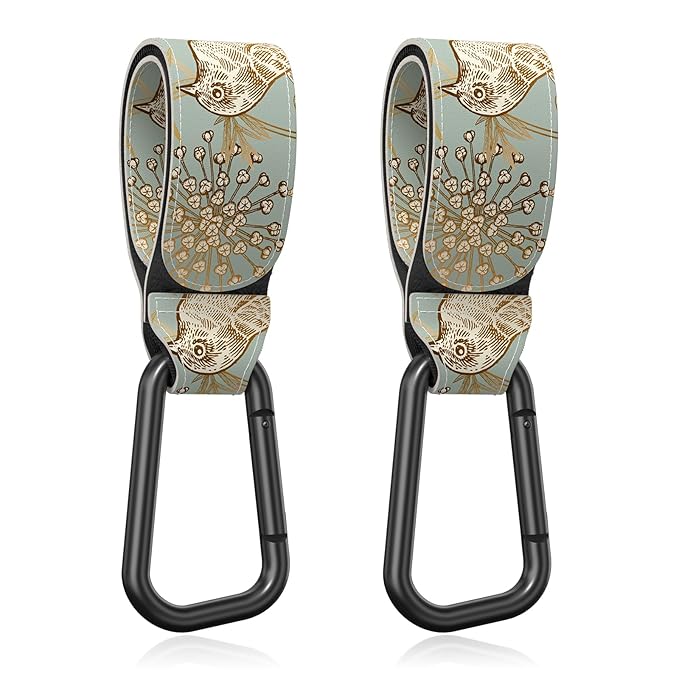 Baby Stroller Hooks for Hanging Bags, Universal Stroller Clips Accessories, Mommy Hook for Diaper Bag, Shopping Cart, Purse, Backpack - 2 Pack, Green Bird