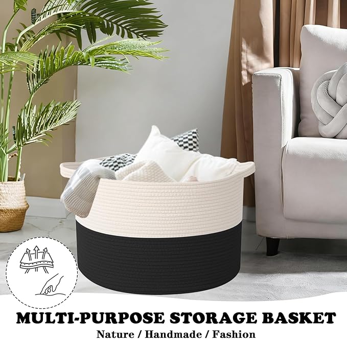 Large Storage Basket with Handle,19.7" L x 19.7" W x 13" H Blanket Basket Storage Bins for Organizing,65L Cotton Rope Woven Baskets for Living Room, Nursery,Bedroom,White&Black