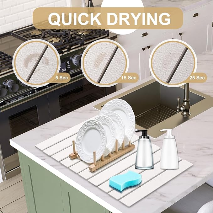 Stone Drying Mat for Kitchen Counter, Foldable Large Stone Dish Drying Mat, Roll up Absorbent Diatomaceous Earth Bath Mat Quick Dry Dishes Bottles Cups for Any Countertop Bathroom 23" x 15.3"
