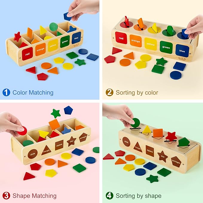 Lynncare Wooden Montessori Toy for 1 2 Year Old, Shape & Color Sorting Matching Toy with Box for Toddlers 1-3, for 1 2 3 Year Old Boy Girl Gifts
