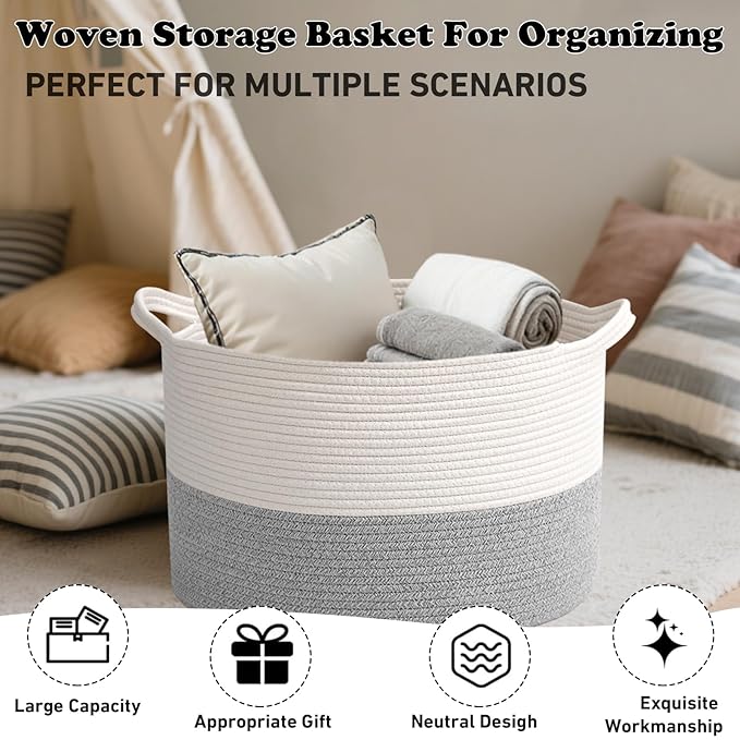 Large Storage Basket with Handle,19.7" L x 19.7" W x 13" H Blanket Basket Storage Bins for Organizing,65L Cotton Rope Woven Baskets for Living Room, Nursery,Bedroom,White&Grey