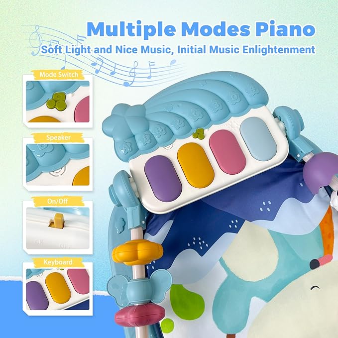Baby Tummy Time Play Mat, Kick and Play Piano with Music and Light, Activity Gym Center for Newborn Babies Infants Boys Girls 0-3-6-9-12 Months (Blue)