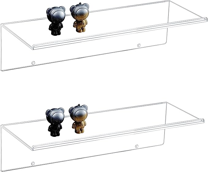 CY craft Clear Floating Shelves Display Ledge,2 PCS Decorative Wall Storage Shelves with Detachable Towel Hooks,Damage Free Adhesive Acrylic Wall Mounted Shelves for Bathroom,Kitchen,Bedroom or Office