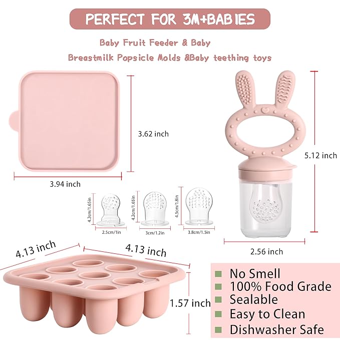 Baby Breastmilk Popsicle Molds & Baby Fruit Feeder (4 Pack), Infant Food Freezer Tray Storage Containers, Silicone Teething Pacifier Feeder and Teether for Babies（Pink&Purple）