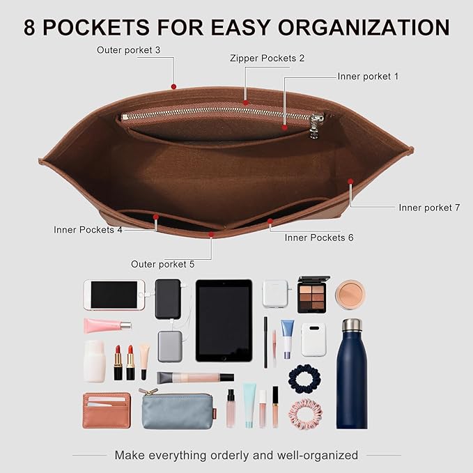 Premium Felt Purse Organizer Insert for Longchamp Le Pliage M Top Handle Tote Bag, Lighweight Long Champ Medium Tote Divider with Zipper Pocket,Bags Storage Shaper with 7 Pockets, Glod Brown/SM