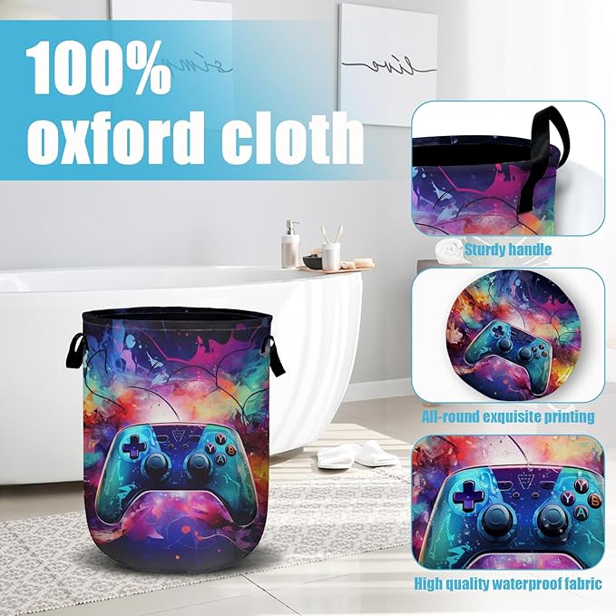 Gamepad Neon Ligh Laundry Basket, Laundry Hamper Collapsible Oxford Cloth with Handle Clothes Toy Storage Bin for Bathroom Laundry Room Bedroom 15.7 X 20 Inch
