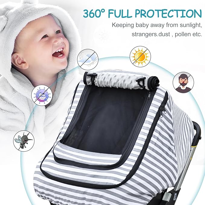 Car Seat Covers for Babies,Baby Car Seat Cover for Boys Girls,Windproof Infant Carseat Cover,Kick-Proof Car Seat Canopy with Breathable Mesh Peep Window(Grey Stripe)