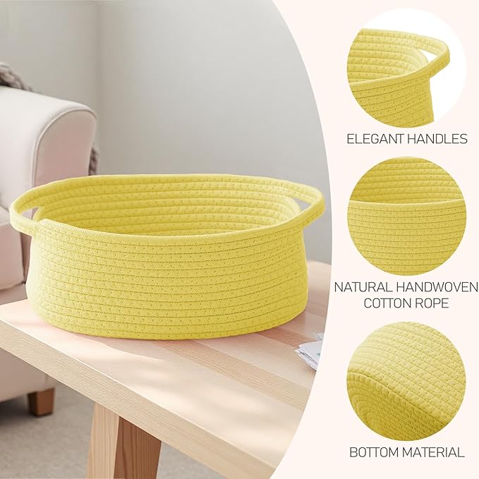 JMvicyroam Woven Basket,Small Rope Storage Bin with Handles & Ribbon Bag, Organizer for Shelves Closets,Gift Basket Empty for Birthday,Books,Dog Toys, Yellow/3 Pack