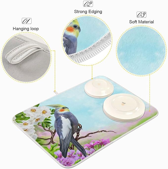 Absorbent Dish Drying Mat for Kitchen Counter - Parrot Peach Blossom Flowers Microfiber Drying Pad, Reversible Drainer Mats for Countertop, Large 18" x 24"