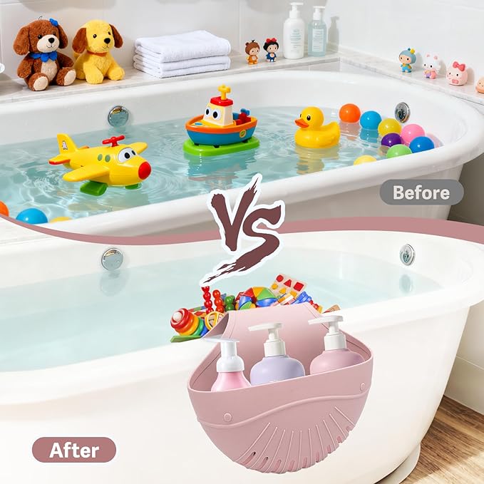 Silicone Bath Toy Organizer for Tub, Flexible 2-Compartment Bathtub Storage Basket for Kids & Adults, Drainable Toy Holder and Foldable Shower Caddy for Bathroom Essentials（Pink）