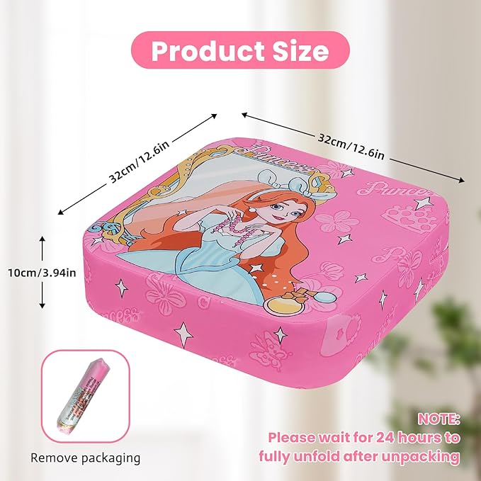 Toddler Booster Seat for Dining Table, 4" Kids Booster Seat for Kitchen Chair with Non-Slip Bottom, Portable Detachable Washable Increasing Cushion with 2 Adjustable Straps (Princess)