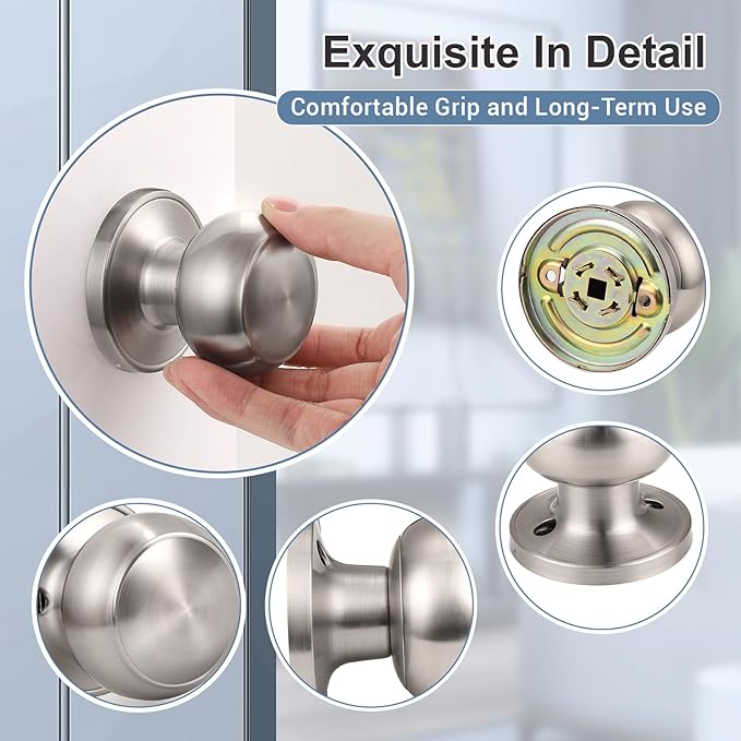 KNOBWELL 2 Pack Non-Turning Dummy Door Knobs Interior - Satin Nickel, Keyless Closet Door Knobs for French Doors，Single Side