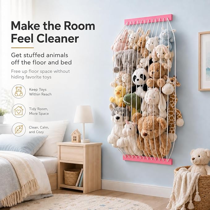 Stuffed Animal Storage Wooden Soft Toy Storage for Kids Room，Wall Mount Door Hanging Stuffed Animal Toy Organizer Shelf for Nursery Play Room Pink -Patent