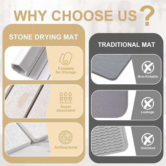 Stone Drying Mat for Kitchen Counter, Foldable Large Stone Dish Drying Mat, Roll up Absorbent Diatomaceous Earth Bath Mat Quick Dry Dishes Bottles Cups for Any Countertop Bathroom 23" x 15.3"