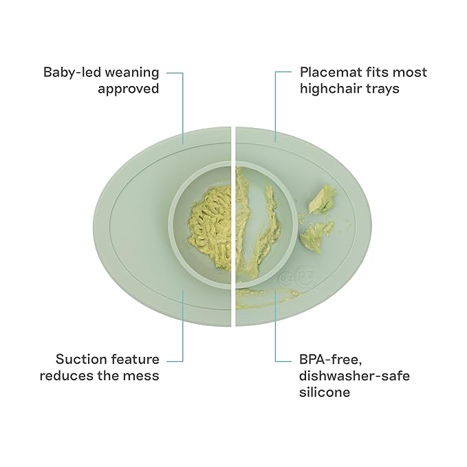 ezpz Tiny Bowl (Sage) - 6 Months+ - 100% Silicone Suction Placemat + Bowl for Infants - Fits All Highchair Trays - Baby-Led Weaning Supplies