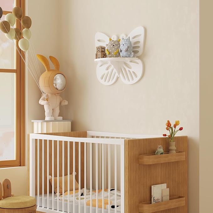 Butterfly Shaped Nursery Wall Deor Floating Shelf, Cute Wall Display Rack for Kid’s Room, Small Decorative Shelf Wall Mounted, White Hanging Wall Shelf for Toys, Plants and Decorations Storage, White