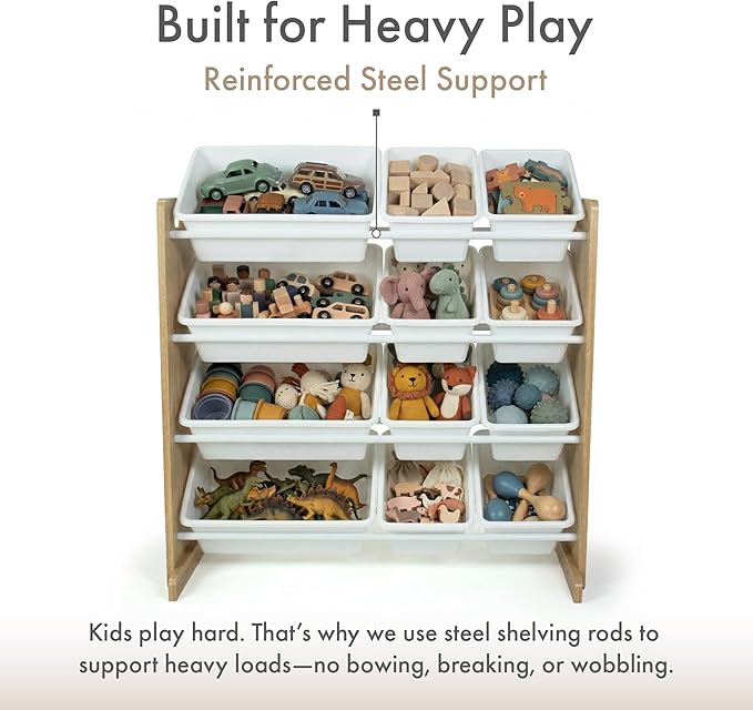 Humble Crew Toy Storage Organizer with 12 Removable Storage Bins for Kids Playroom, 4-Tier Toddler Toy Organization, Natural Wood/White