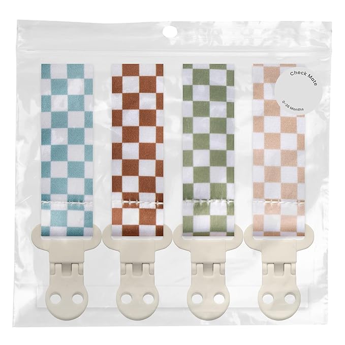 Stadela Baby Pacifier Clip Holder - Girl or Boy Unisex 4 Pack Gift Set – Neutral Modern Retro Checker Green Blue Brown Beige