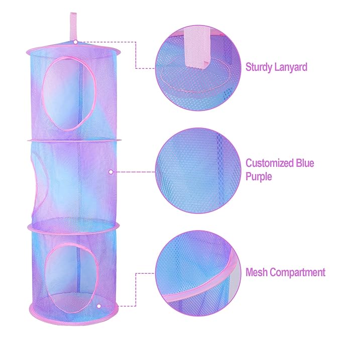 Basumee Stuffed Animals Net or Hammock 2 Pcs Stuffed Animals Storage Toy Net Hammock for Plushies Storage Organizer Mesh Kids Girls Room Decor, Blue and Purple, 3 Tiers