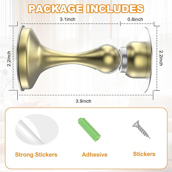Crosize Magnetic Door Stoppers 2 Pack, Stainless Steel Door Stops for Wall and Floor Mounting, Gate Stops, No Drilling Metal Doorstops with Adhesive Tapes, Gold