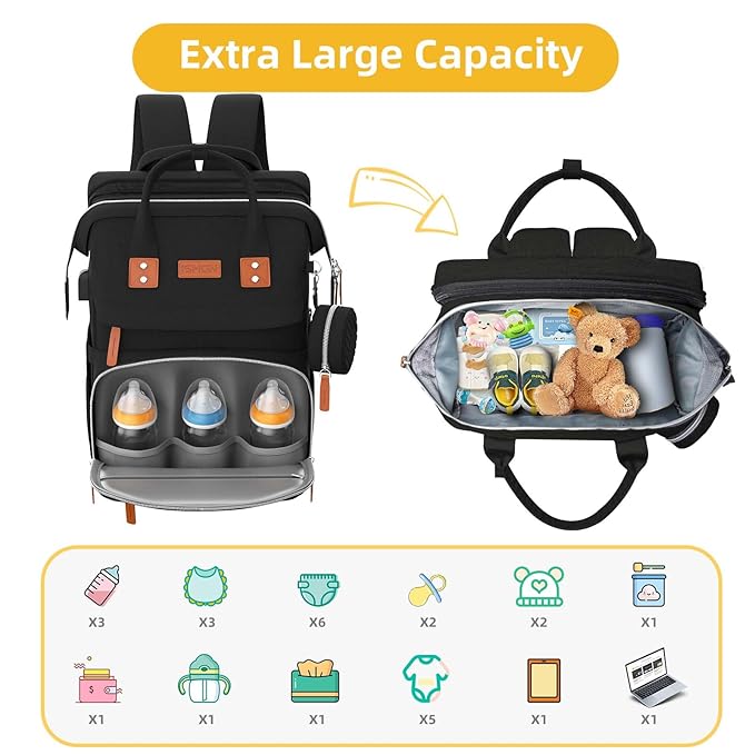 ISMGN Diaper Bag Backpack with Changing Station, Large Diaper Bag, Baby Bag, Multifunctional Diaper Bag, Black