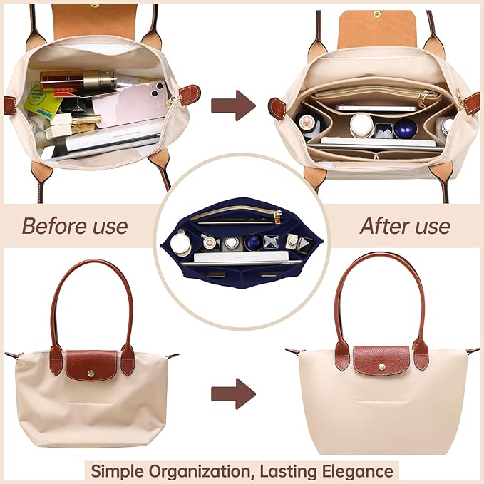 OPPOSHE Purse Organizer Insert for Longchamp Le Pliage, Premium Felt Long Champ Bag Handbag Women, Tote Organizer Insert with 6 Compartments (Small, Navy)