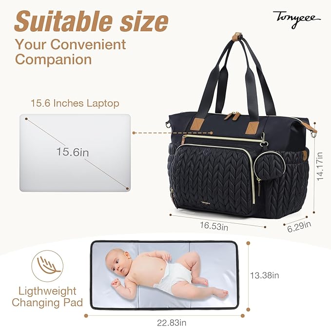 Tonyeee Diaper Bag Tote, Large Diaper Bags Waterproof, Hospital Bag for Labor Delivery, Baby Bag with Pacifier Case, Travel Diaper Tote with Changing Pad, Black
