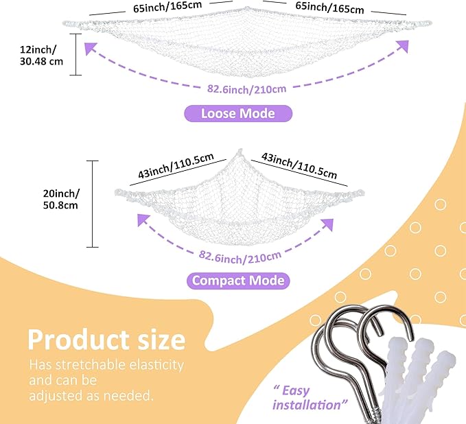 Lazebox Stuffed Animal Net Hammock for Plushie Toys, Stuffed Animal Hammock Corner for Kids' Room Decor, Ideas for Organizing Stuffy Collection, White, XL (82.6" x 43" x 43")-Pack of 1