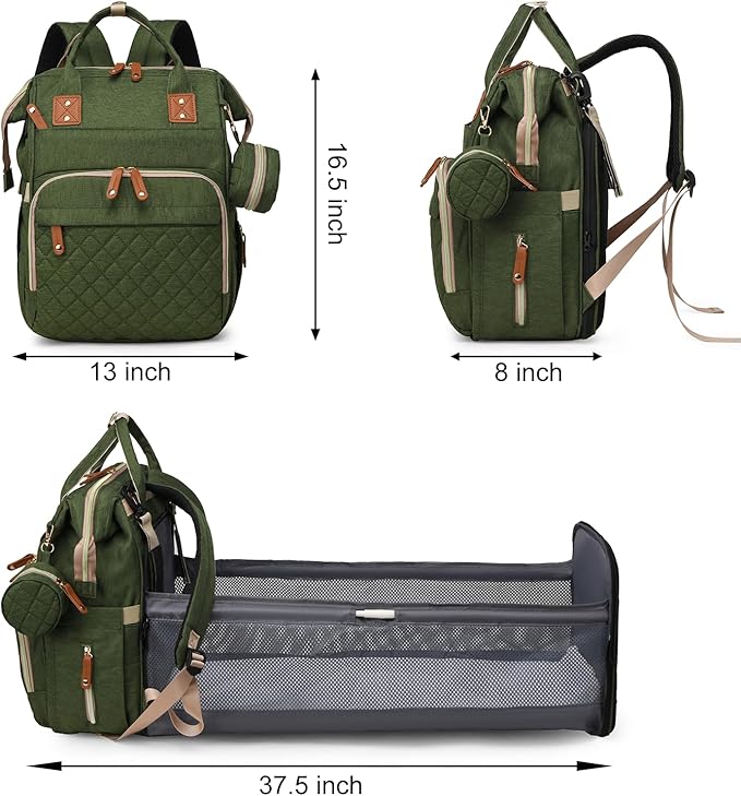 Lamroro Diaper Bag with Changing Station, Waterproof 3 in 1 Baby Diaper Backpack with Foldable Changing Pad, Large Travel Back Pack for Girl Boy, Green