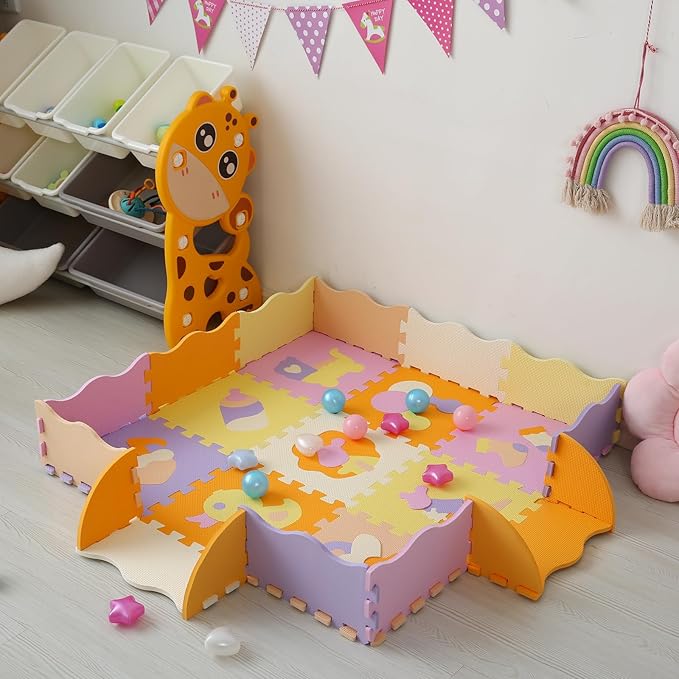 Tamiplay Foam Play Mat for Kids，25Pcs Square Interlocking Puzzle Floor Mat，Baby Play Mat Floor Mat Foam Puzzle Playmat for Toddlers with Fence（Comprehensive-CSH013