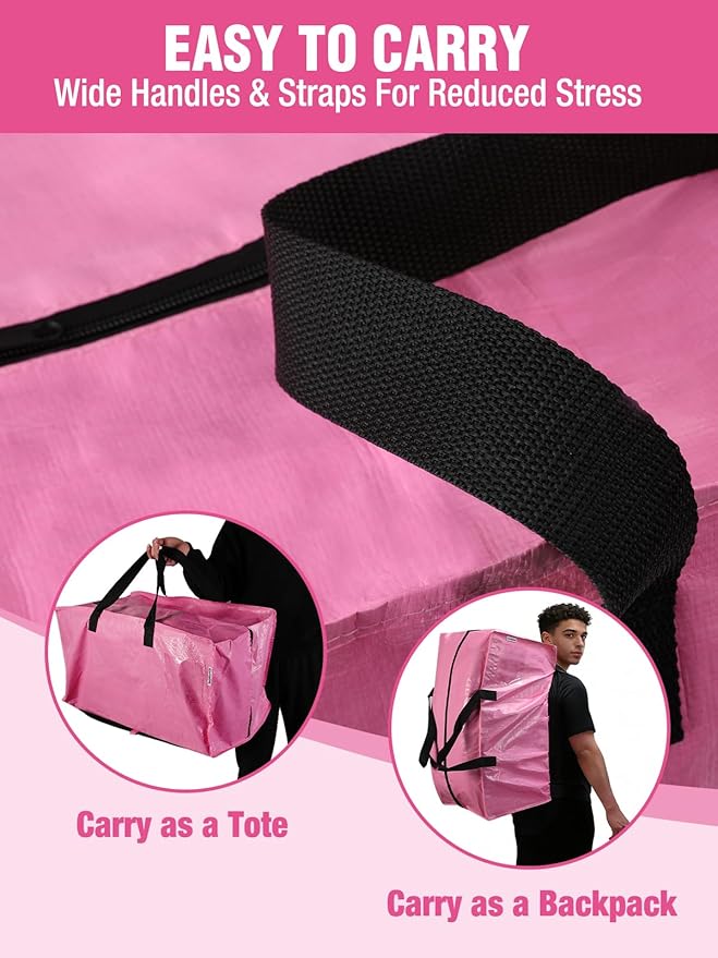 WORKPRO 10 Pack Extra Large Moving Bags with Zippers & Carrying Handles Backpack Straps, Heavy-Duty Storage Tote for Space Saving Moving Storage (Pink)