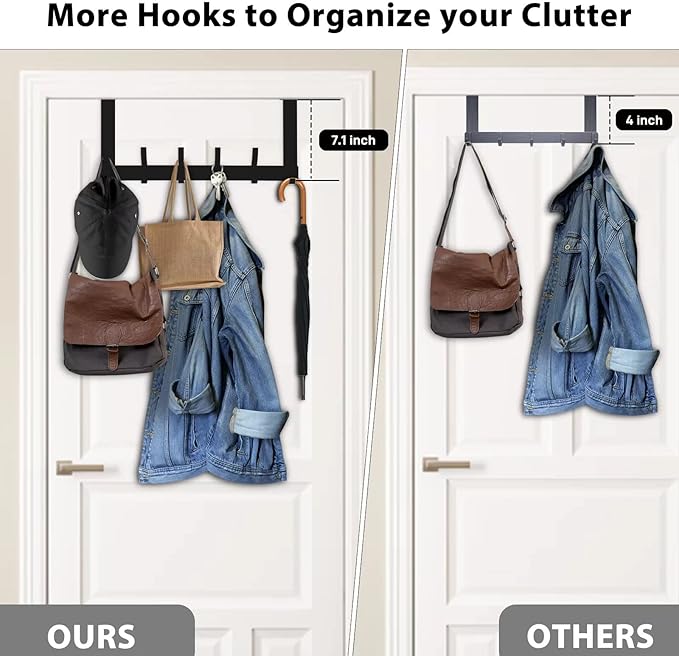 Optish Over The Door Hooks, Door Hanger Hooks for Hanging, Over The Doors Towel Racks for Bathroom with 12 Coat Hook, Coat Rack Dorm Essentials Bathroom Accessories（1 Pack, Black）