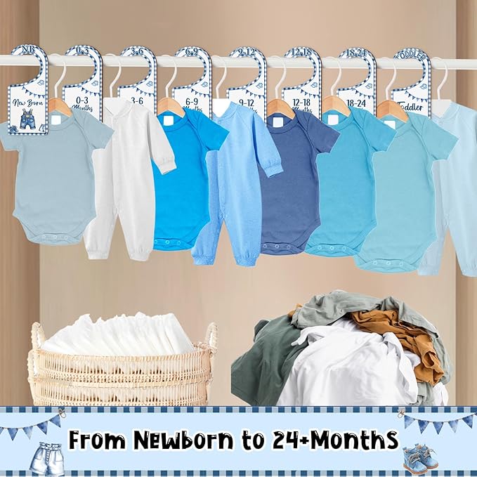 Baby Closet Dividers 8PCS, Denim Themed Wooden Double-Sided Clothes Size Hanger/Organizer from Newborn to Toddler, Blue Jean Nursery Decor Baby Shower Birthday Gender Reveal Party Gift