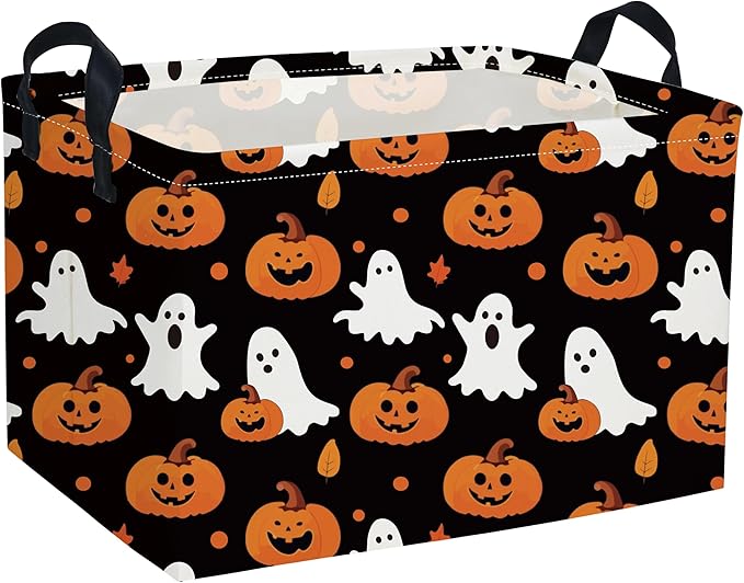 Essme Rectangular Halloween Basket,Ghost Baskets Empty with Handles,Cute Baskets for Kids Halloweens Room Decor,Boys and Girls, Candy Basket,(Cute Ghost)