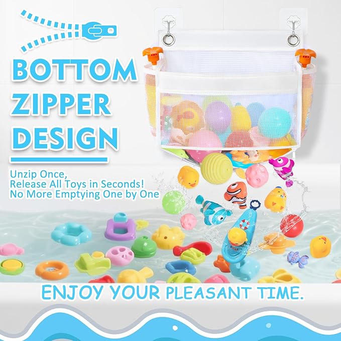 Bath Toy Holder 2-in-1 Zip-Connect Bathtub Toy Storage with 4 Suction Cups No Falling & one-Click Toy Release Quick-Dry Mesh Baby Shower Toy Holder - Kids Bath Toy Net for Tub Organizer