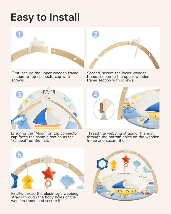 BG-BABYGO Baby Play Gym Activity Mat, 5 Developmental Zones Wooden Tummy Time Mat with 7 Detachable Sensory Toys for Motor Skills & Sensory Development, Baby Essentials Shower Gift, Easy to Install