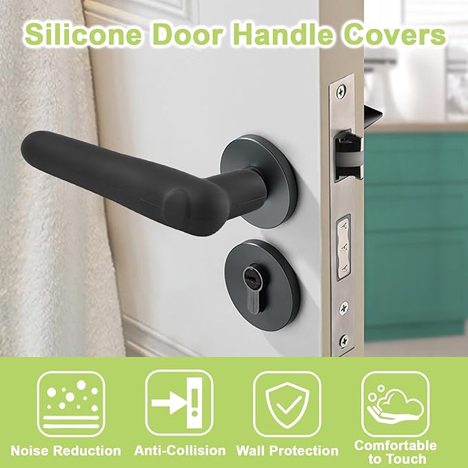 Door Handle Covers, 2Pcs Black Silicone Door Handle Glove Covers Door Knob Covers Anti-Slip Safety Door Lever Protectors with Anti-Collision Adhesive Strip for Flat Square Door Levers