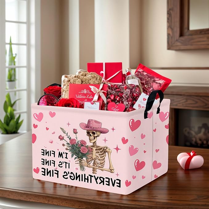 ASKETAM Valentine's Day Basket Gift for Empty Cute Heart Large Storage Bin for Kid and Baby Room Décor (Pink Rose Skull Heart)