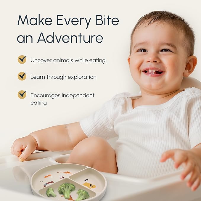 Silicone Suction Plates with Dividers - Grip Plates for Babies 6-12 Months and Toddlers 1-3, Toddler and Baby Dishes, Baby Led Weaning Essentials, Dishwasher Safe (Beige - Dogs and Cats)