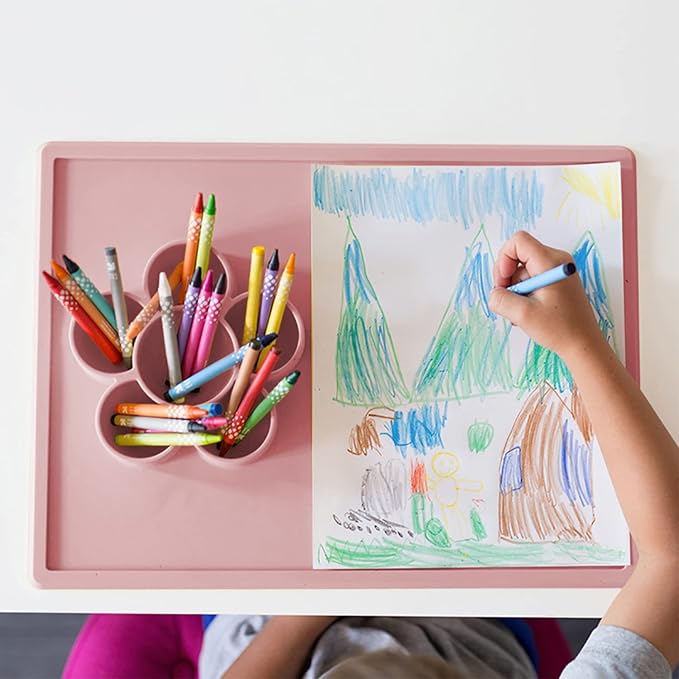 ezpz Play Mat for Baby + Toddler - 6 Months+ (Blush) - Suction Plate with Flower Compartments for Crafts, Painting, Sorting, Snack Time - Fits Standard Piece of Paper