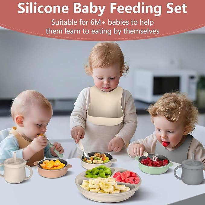 27 Pack Silicone Baby Feeding Set, Food Grade Silicone Baby LED Weaning Supplies, Include Suction Plates, Baby Bowls, Bibs, Fork & Spoon, Training cup with straw, 6 Months+(Brown, Beige, Grey)