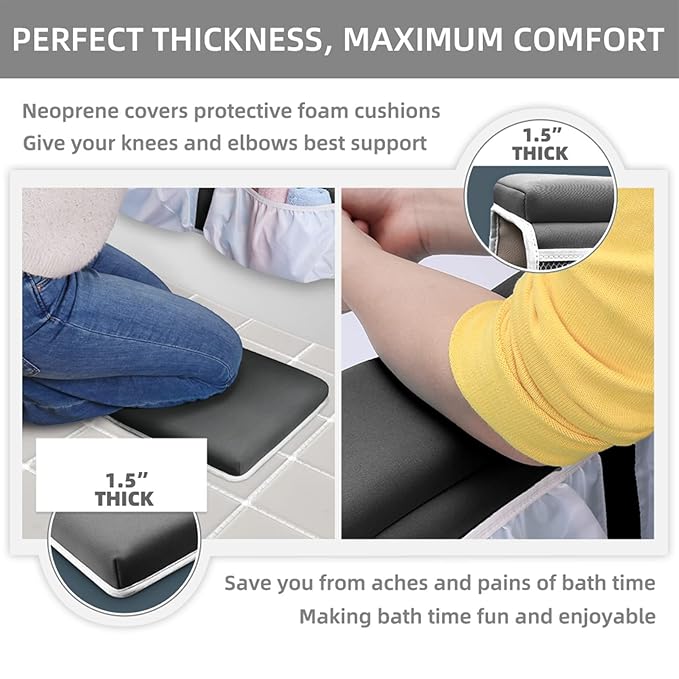 Bath Kneeler and Elbow Rest Set Baby Bath Kneeling Pad, Thick Non-Slip Bathing Kneeling Mat Cushion Quick Drying Bathtub Knee Saver with Arm Support and Pockets for Bathroom Bathing Time Comfort