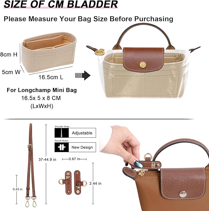 LOUKAYCCI 2 Kit Mini Bag Leather Shoulder Strap and Felt Purse Organizer Insert for Longchamp mini XS Bag Punch-Free Adjustable Buckle Design（Beige & Strap）