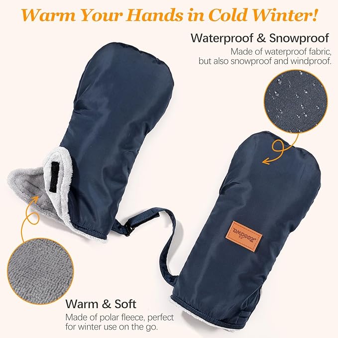 Zooawa Stroller Gloves, Universal Stroller Hand Muff with Warm Polar Fleece, Baby Stroller Gloves with Vel-cro Design, Waterproof and Snowproof Stroller Mittens for Stroller Accessories, Indigo