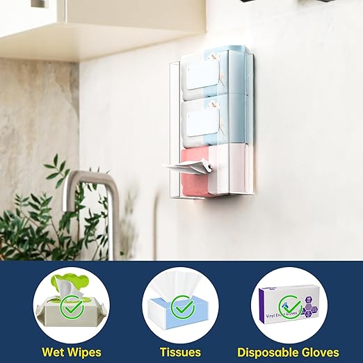 NiHome Multi-Tier Clear Acrylic Wall Mount Glove Box Holder Tissue Box Dispenser for Kitchen, Bathroom, Garage, Lab, Salon, Space-Saving Adjustable Organizer for Gloves, Tissues, Baby Wipes (3-Tier)